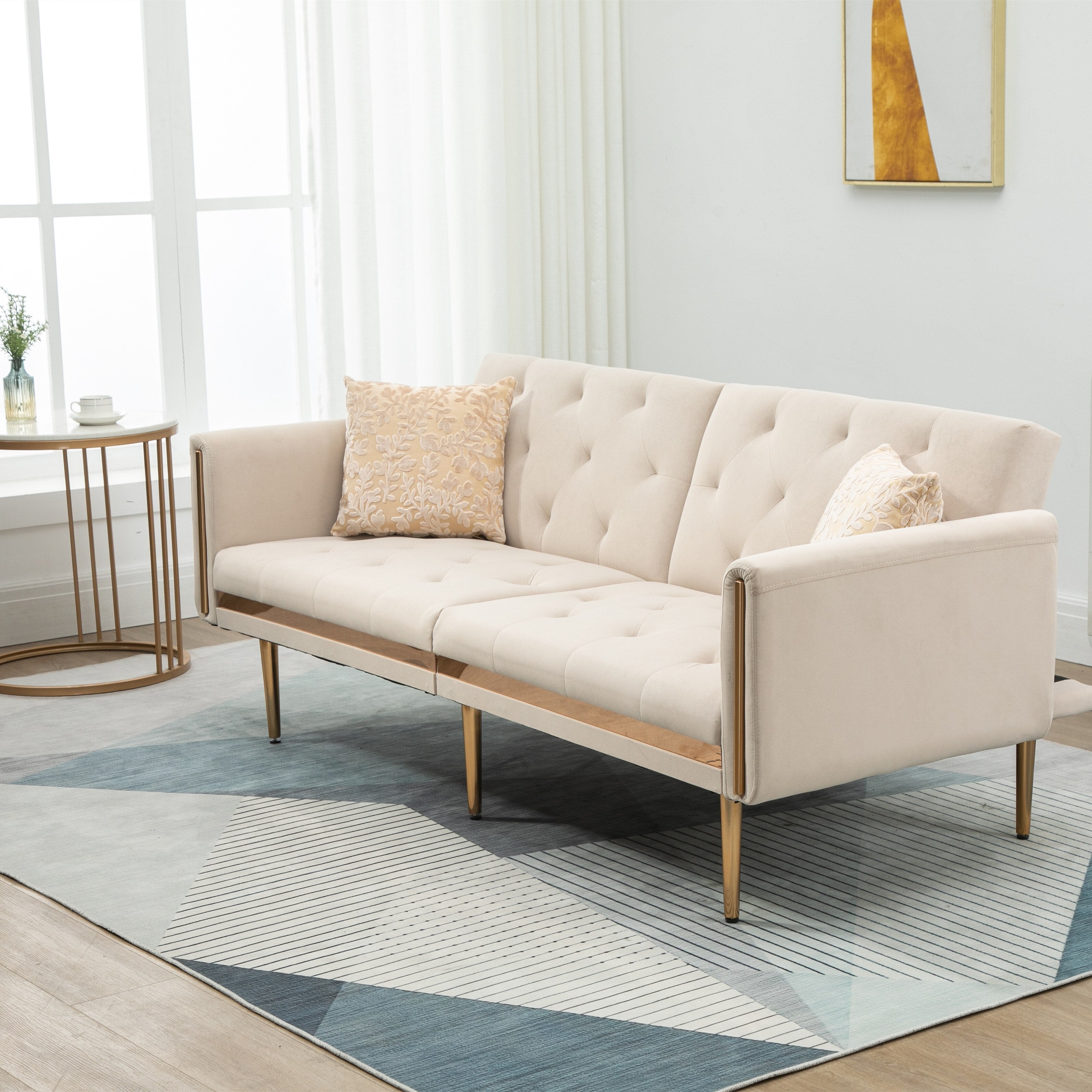 Accent Sofa  Mid Century Modern Velvet Fabric Couch Convertible Futon Sofa Bed Recliner Couch Loveseat Sofa with Gold Metal Feet