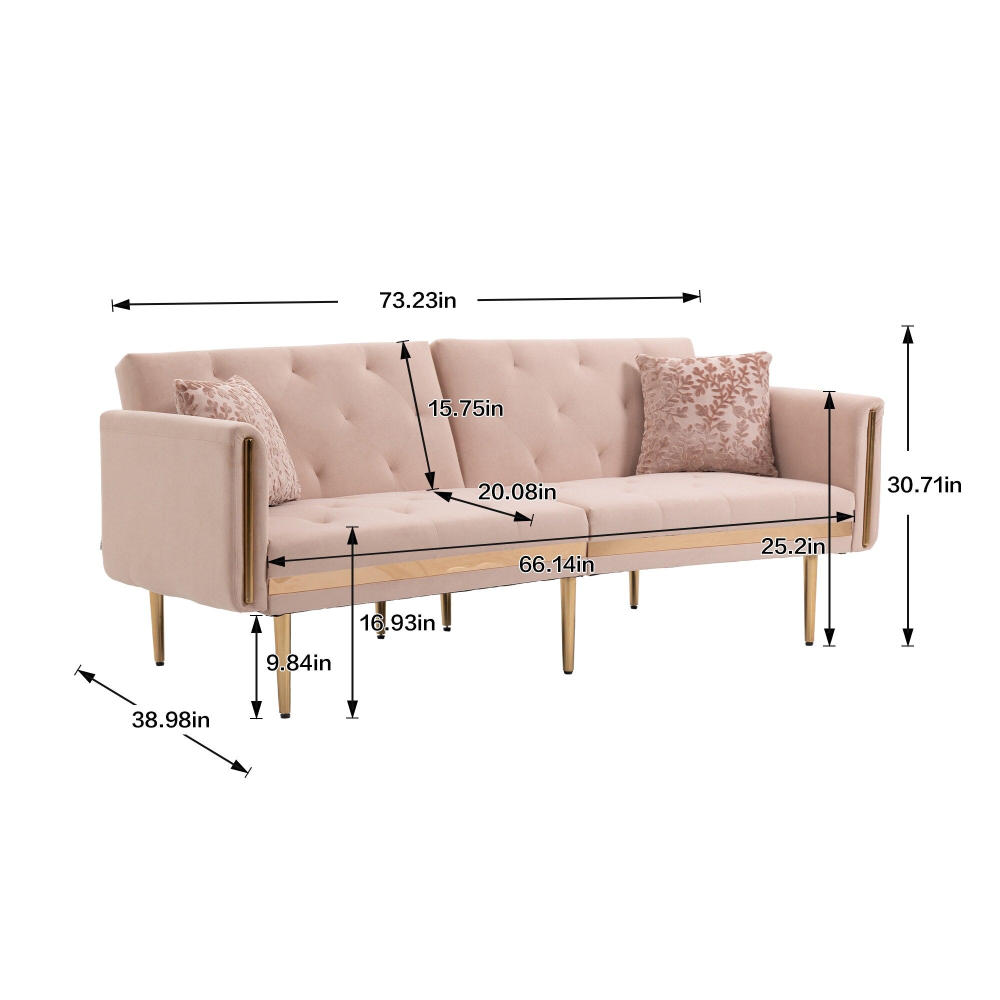 Accent Sofa  Mid Century Modern Velvet Fabric Couch Convertible Futon Sofa Bed Recliner Couch Loveseat Sofa with Gold Metal Feet