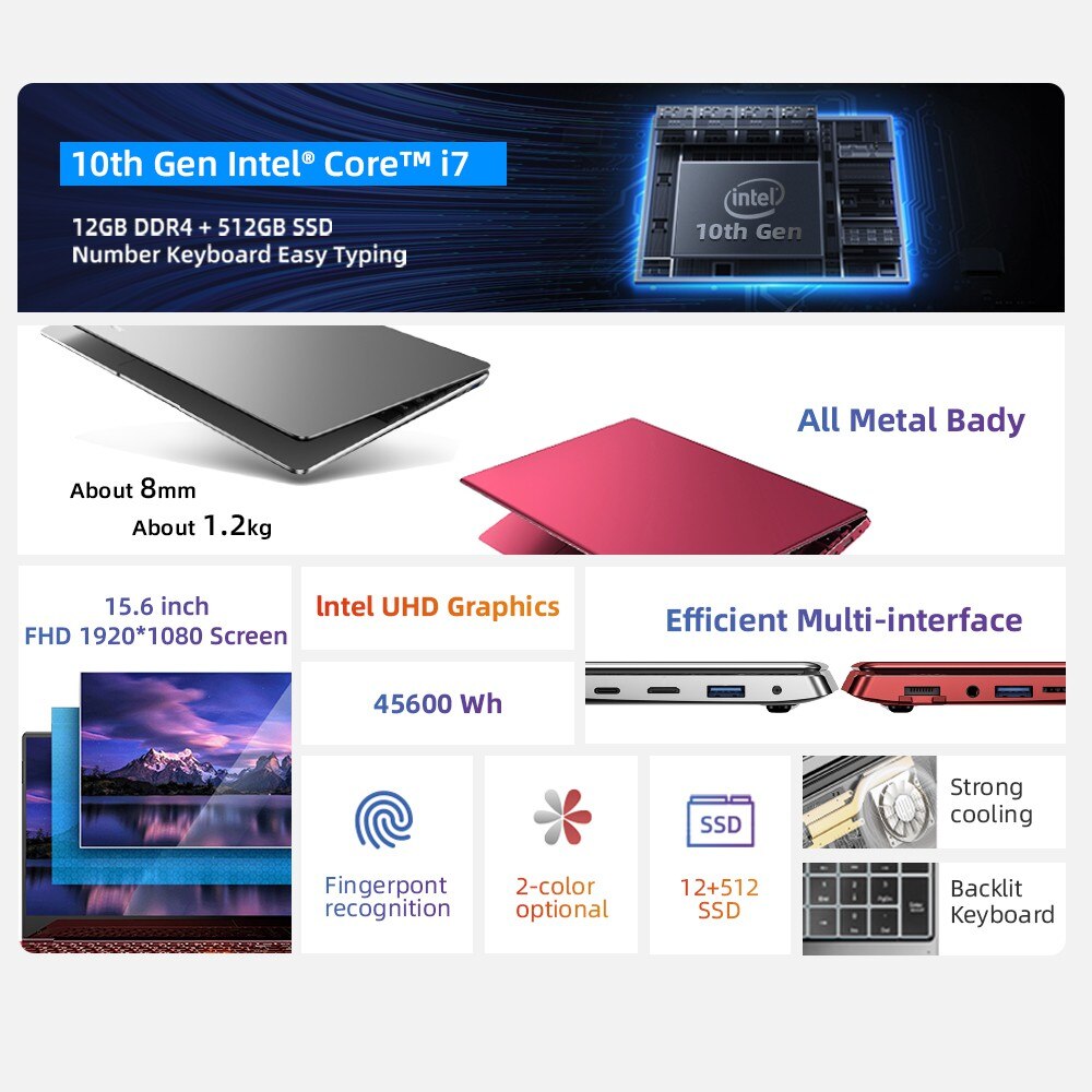 Dere Laptop V9 Max 15.6" 16GB RAM 1T SSD 11th Gen Intel Core i7 2.5K IPS Screen Windows Notebook Backlit Keyboard pc Computer