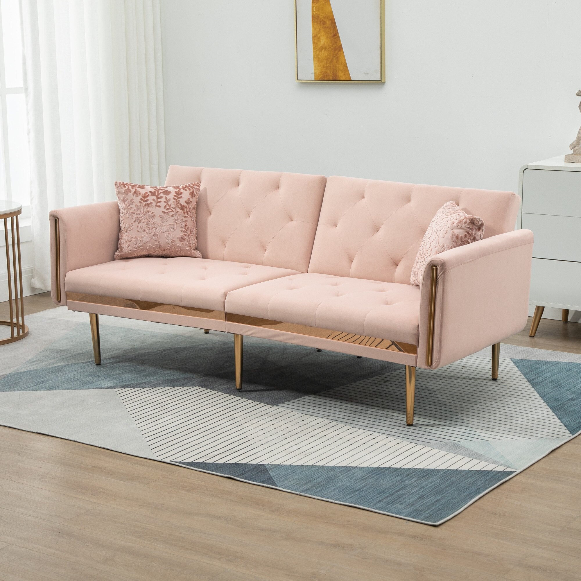 Accent Sofa  Mid Century Modern Velvet Fabric Couch Convertible Futon Sofa Bed Recliner Couch Loveseat Sofa with Gold Metal Feet
