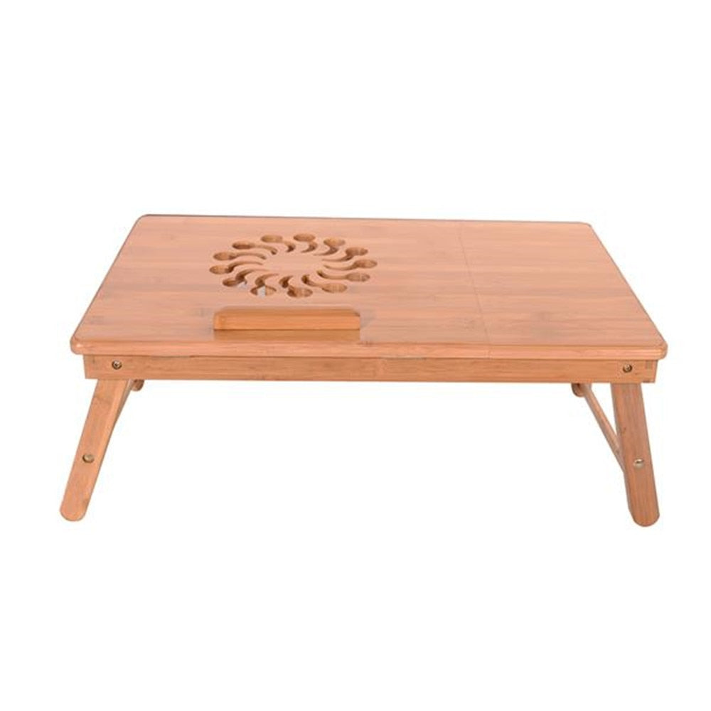 53cm Fashionable Sunflower Engraving Pattern Adjustable Bamboo Computer Desk Sandal Wood Color Laptop Desk Stand Table