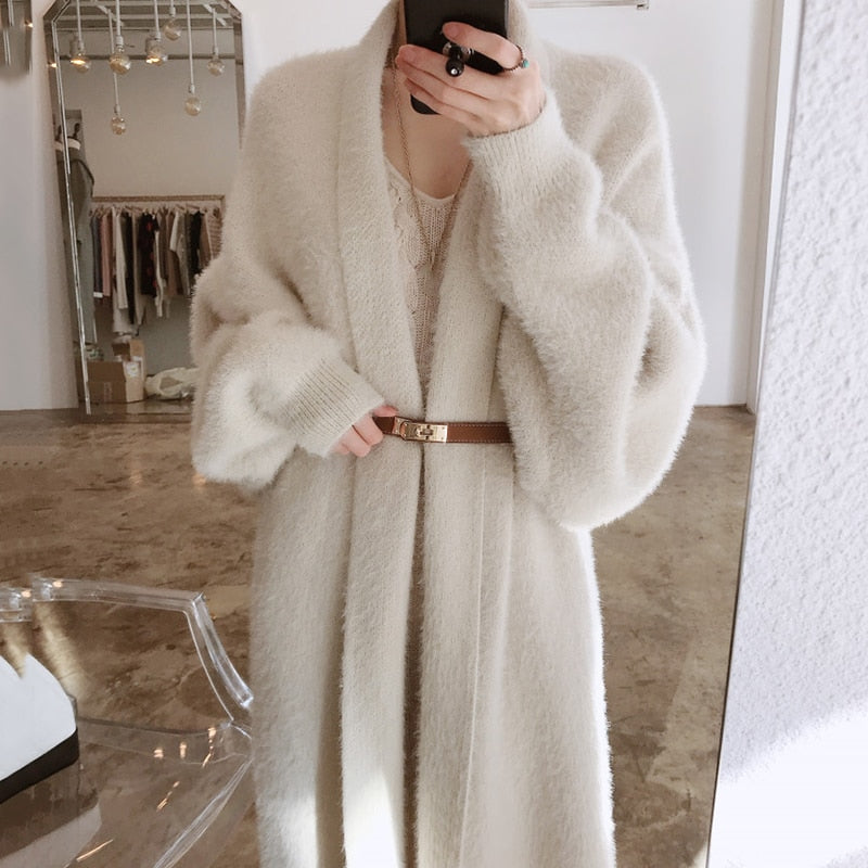 New Women Long Cardigan Fall Mink Cashmere Full-sleeve Oversized Cardigan Dress Woman Keep Warm Winter Woman's Clothing