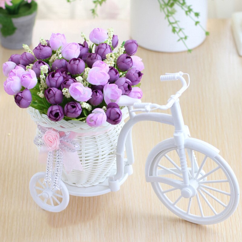3pcs artificial Rose Flowers+vase Set Rattan bicycle with Fake fruit flowers table decoration wood fence Green plant flower set