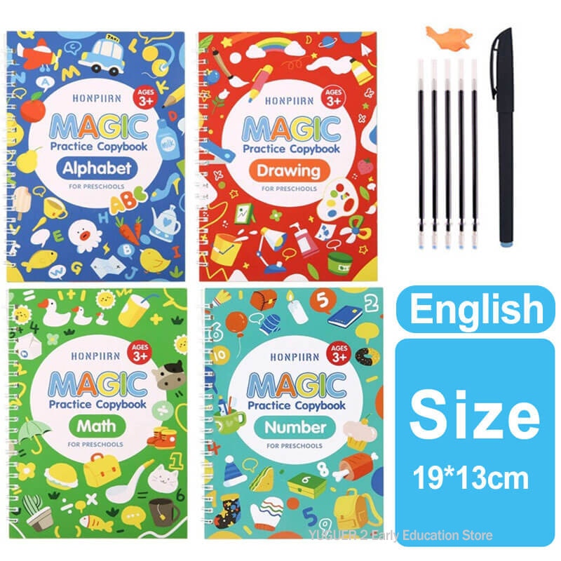 4 Books Sank Magic New Copybook Reusable Groove Writing Practice Book Calligraphy Wipe-free English/German Early Education