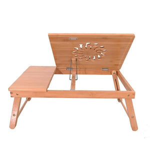 53cm Fashionable Sunflower Engraving Pattern Adjustable Bamboo Computer Desk Sandal Wood Color Laptop Desk Stand Table