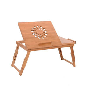 53cm Fashionable Sunflower Engraving Pattern Adjustable Bamboo Computer Desk Sandal Wood Color Laptop Desk Stand Table