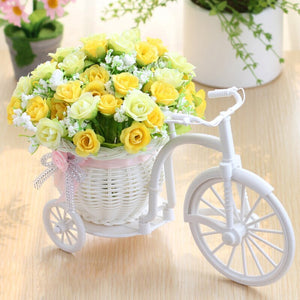 3pcs artificial Rose Flowers+vase Set Rattan bicycle with Fake fruit flowers table decoration wood fence Green plant flower set