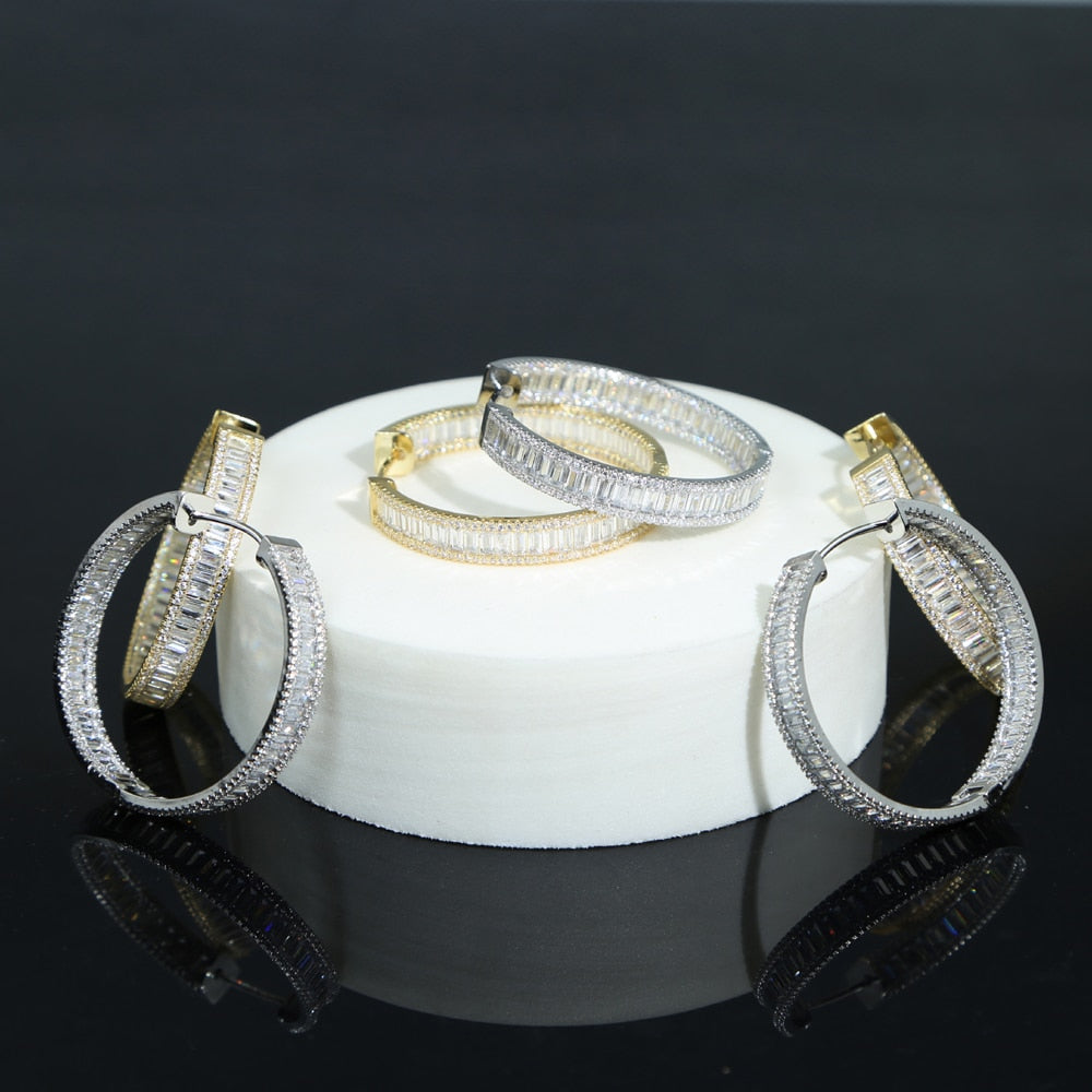 Iced Out Bling Baguette Princess Cut Square Shaped Cubic Zirconia CZ Gold Color Plated Classic 45mm Big Circle Hoop Earring