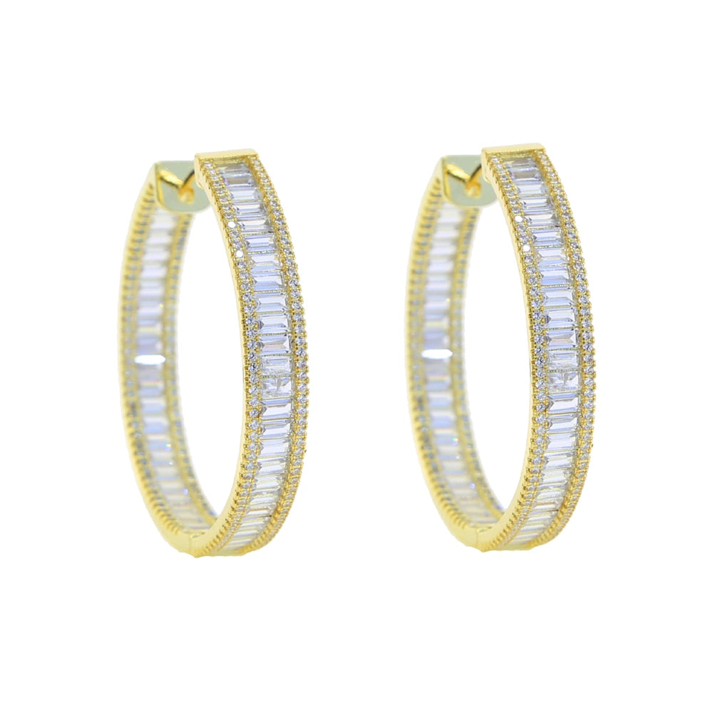 Iced Out Bling Baguette Princess Cut Square Shaped Cubic Zirconia CZ Gold Color Plated Classic 45mm Big Circle Hoop Earring