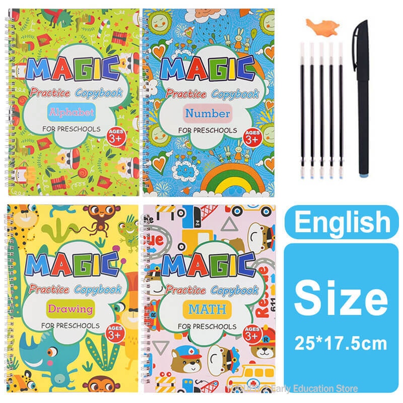 4 Books Sank Magic New Copybook Reusable Groove Writing Practice Book Calligraphy Wipe-free English/German Early Education