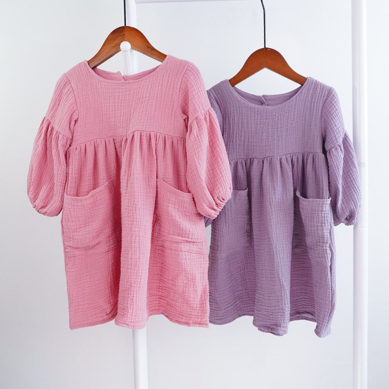 Autumn Spring Children&#39;s Clothes Organic Cotton Double Gauze Loose Pockets Baby Girls Dress Fashion Princess Casual Kids Dresses
