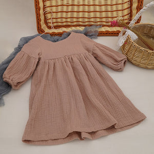 Autumn Spring Children&#39;s Clothes Organic Cotton Double Gauze Loose Pockets Baby Girls Dress Fashion Princess Casual Kids Dresses
