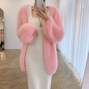 New Women Long Cardigan Fall Mink Cashmere Full-sleeve Oversized Cardigan Dress Woman Keep Warm Winter Woman's Clothing