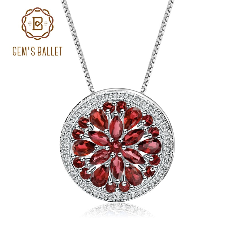 GEM&#39;S BALLET Natural Red Garnet Gemstone Pendant For Elegant Women 925 Sterling Sliver Round Pendant Necklace Fine Jewelry