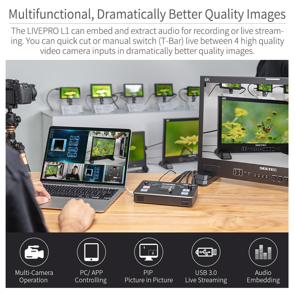 FEELWORLD LIVEPRO L1 Multi-format Video Mixer Switcher 4 HDMI Inputs Multi Camera Production USB3.0 For Live Streaming Youtube