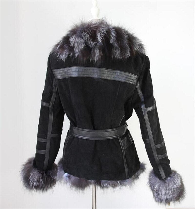 IANLAN Genuine Leather , Silver Fox Fur Collar & Cuff  Jacket