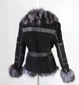 IANLAN Genuine Leather , Silver Fox Fur Collar & Cuff  Jacket