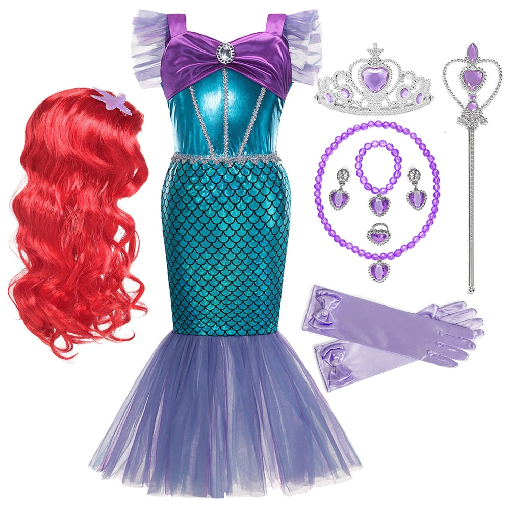 Disney Girl Princess Little Mermaid Ariel Dress Kids Cosplay Costume Children Carnival Birthday Party Clothes Summer Dress Girls