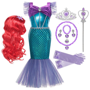 Disney Girl Princess Little Mermaid Ariel Dress Kids Cosplay Costume Children Carnival Birthday Party Clothes Summer Dress Girls