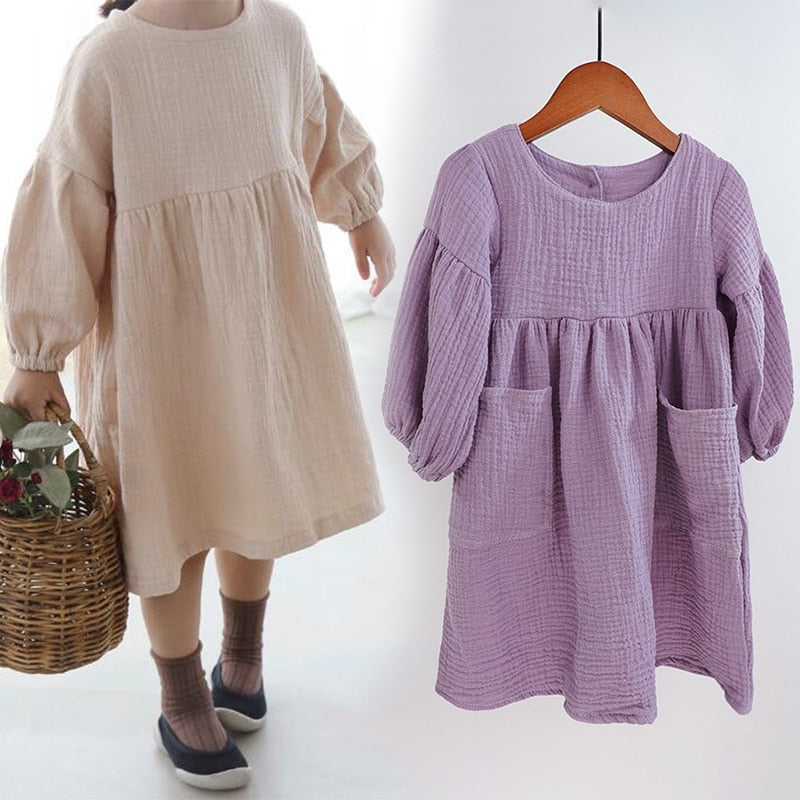 Autumn Spring Children&#39;s Clothes Organic Cotton Double Gauze Loose Pockets Baby Girls Dress Fashion Princess Casual Kids Dresses