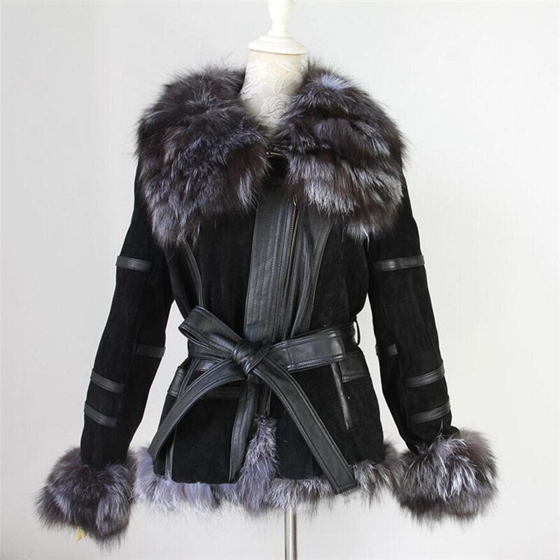 IANLAN Genuine Leather , Silver Fox Fur Collar & Cuff  Jacket