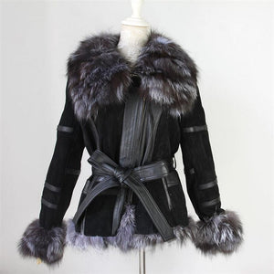 IANLAN Genuine Leather , Silver Fox Fur Collar & Cuff  Jacket