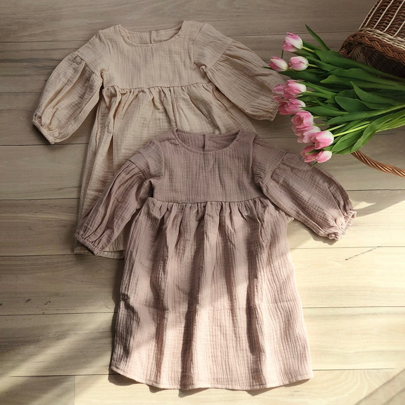 Autumn Spring Children&#39;s Clothes Organic Cotton Double Gauze Loose Pockets Baby Girls Dress Fashion Princess Casual Kids Dresses