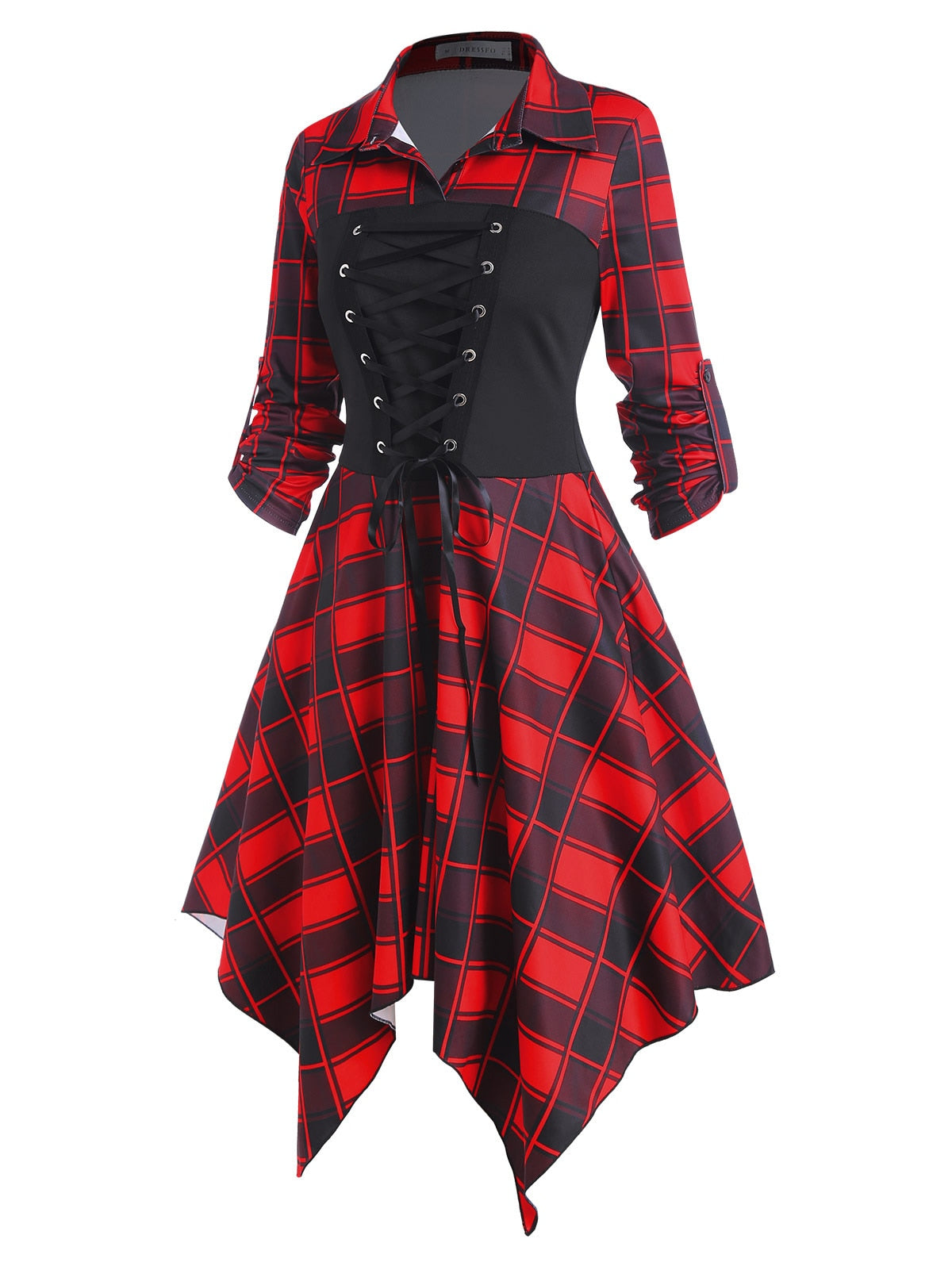Lace Up Plaid Roll Up Sleeve Handkerchief Dress Midi Shirt Collar Long Sleeve Women Dresses Woman'S Clothing
