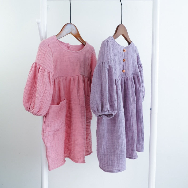Autumn Spring Children&#39;s Clothes Organic Cotton Double Gauze Loose Pockets Baby Girls Dress Fashion Princess Casual Kids Dresses