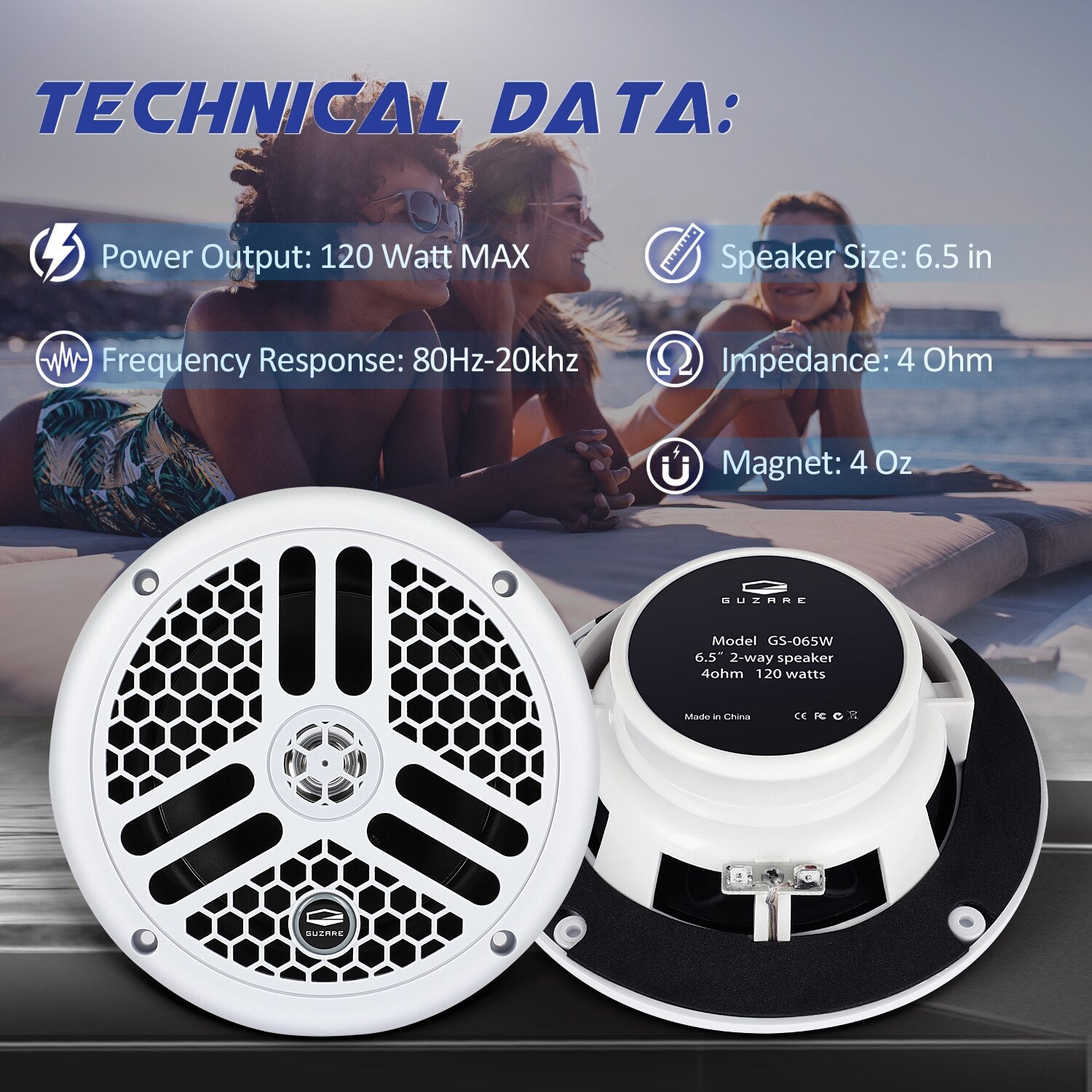 GUZAR 6.5inch 240Watts Waterproof Marine Speakers UV-Proof For Boat SPA ATV UTV Golf Cart Motorcycle Outdoor Music Speaker
