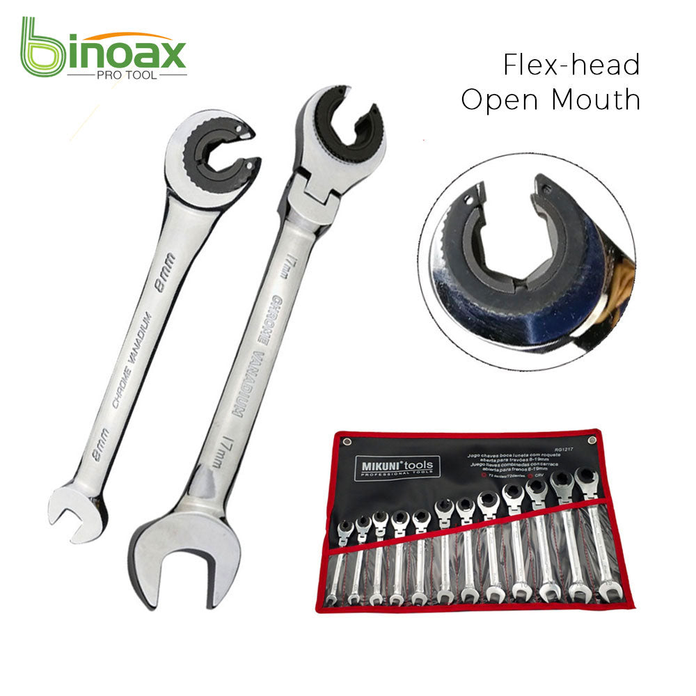 Binoax 12 PCS Tubing Ratchet Wrenches Set Open Flex-head 8-19 MM Oil Spanners Combination Hand Tools Gears Ring Wrench for Car