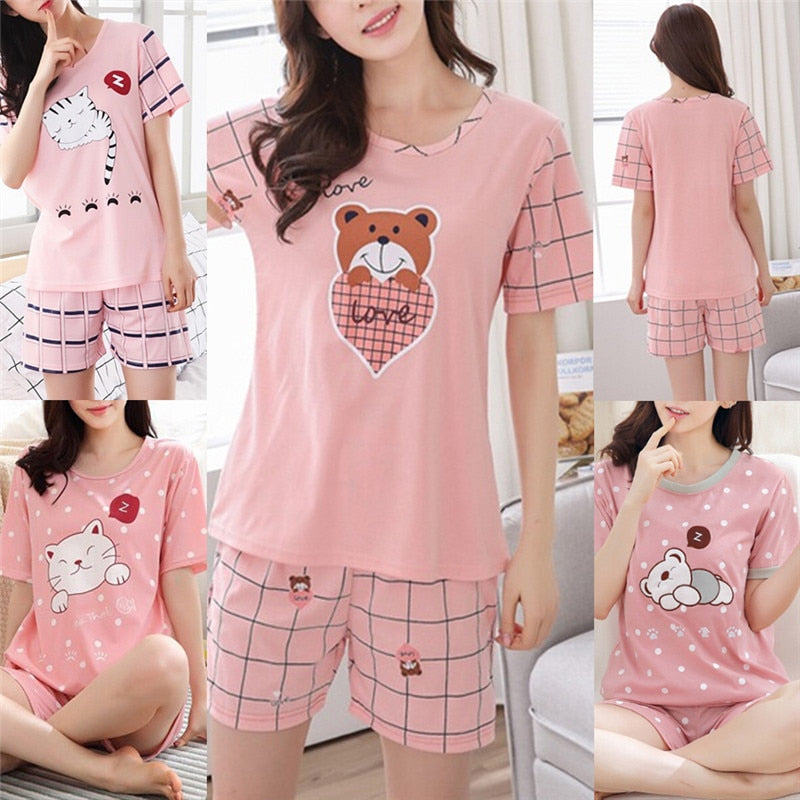 Women Pajamas Set Autumn Ladies Cute Cartoon Print Sleepwear Woman's Short Sleeved Household Clothing Set