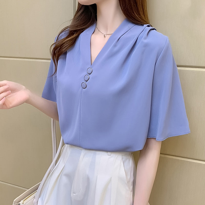 Chiffon White Shirt Women Blouse And Tops Summer Shirts V-Neck Woman's Clothing Casual Loose Buttons Short Sleeve Camisa mujer