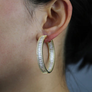 Iced Out Bling Baguette Princess Cut Square Shaped Cubic Zirconia CZ Gold Color Plated Classic 45mm Big Circle Hoop Earring