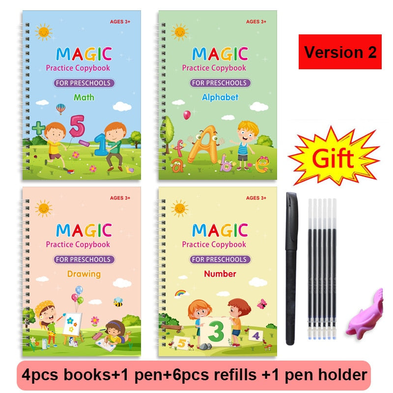 4 Books Sank Magic New Copybook Reusable Groove Writing Practice Book Calligraphy Wipe-free English/German Early Education