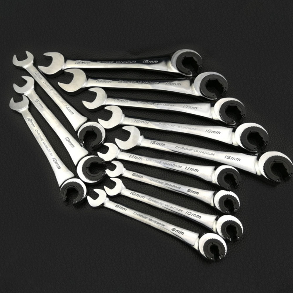 Binoax 12 PCS Tubing Ratchet Wrenches Set Open Flex-head 8-19 MM Oil Spanners Combination Hand Tools Gears Ring Wrench for Car