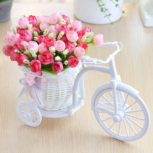 3pcs artificial Rose Flowers+vase Set Rattan bicycle with Fake fruit flowers table decoration wood fence Green plant flower set