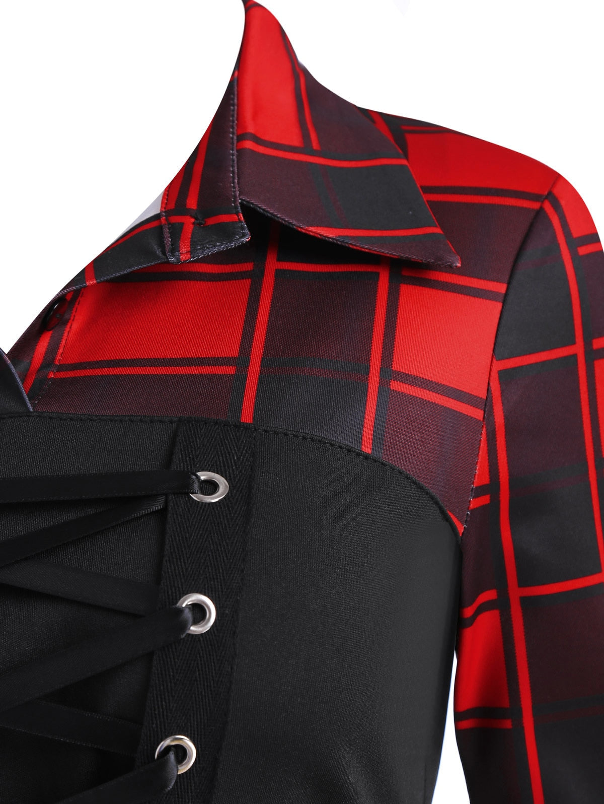 Lace Up Plaid Roll Up Sleeve Handkerchief Dress Midi Shirt Collar Long Sleeve Women Dresses Woman'S Clothing