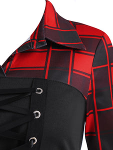 Lace Up Plaid Roll Up Sleeve Handkerchief Dress Midi Shirt Collar Long Sleeve Women Dresses Woman'S Clothing