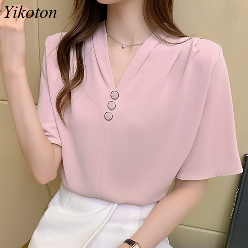 Chiffon White Shirt Women Blouse And Tops Summer Shirts V-Neck Woman's Clothing Casual Loose Buttons Short Sleeve Camisa mujer