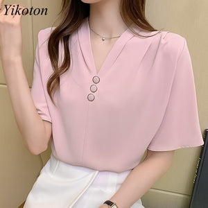 Chiffon White Shirt Women Blouse And Tops Summer Shirts V-Neck Woman's Clothing Casual Loose Buttons Short Sleeve Camisa mujer