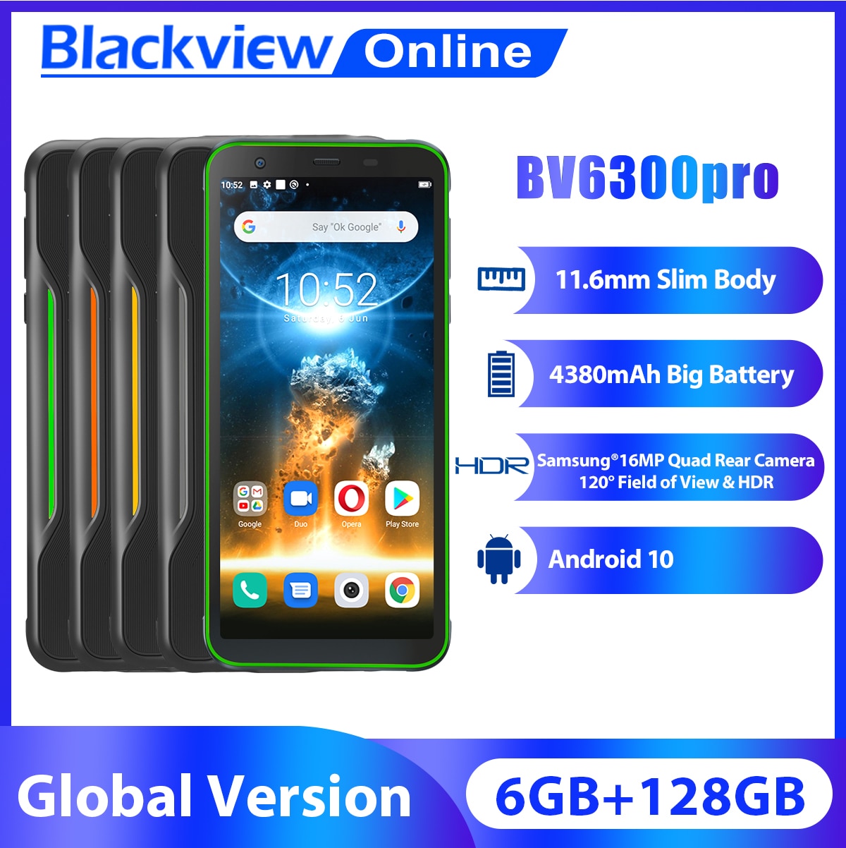 Blackview BV6300 Pro Global Version Cell phone 6GB+128GB IP68 16MP Rugged Smartphone 4380mAh Android 10 NFC 4G Mobile Phone