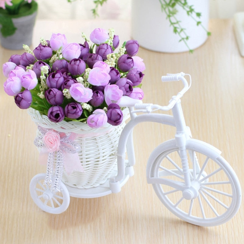 3pcs artificial Rose Flowers+vase Set Rattan bicycle with Fake fruit flowers table decoration wood fence Green plant flower set