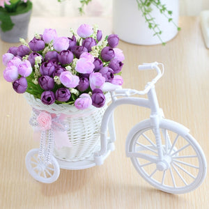 3pcs artificial Rose Flowers+vase Set Rattan bicycle with Fake fruit flowers table decoration wood fence Green plant flower set