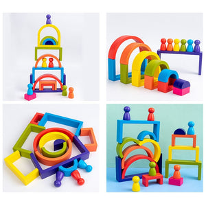 Creative Rainbow Blocks Wooden Toys Kids Geometric Building Blocks House Montessori Educational Stacker Wooden Toys Gifts