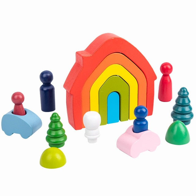 Creative Rainbow Blocks Wooden Toys Kids Geometric Building Blocks House Montessori Educational Stacker Wooden Toys Gifts