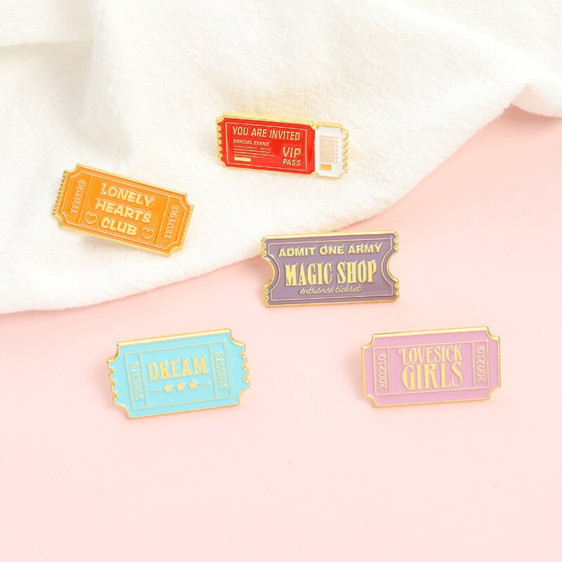 Tickets Enamel Pins Custom Dream Admit One Pass Brooch Lapel Badge Bag Cartoon Jewelry Gift for Kids Friends