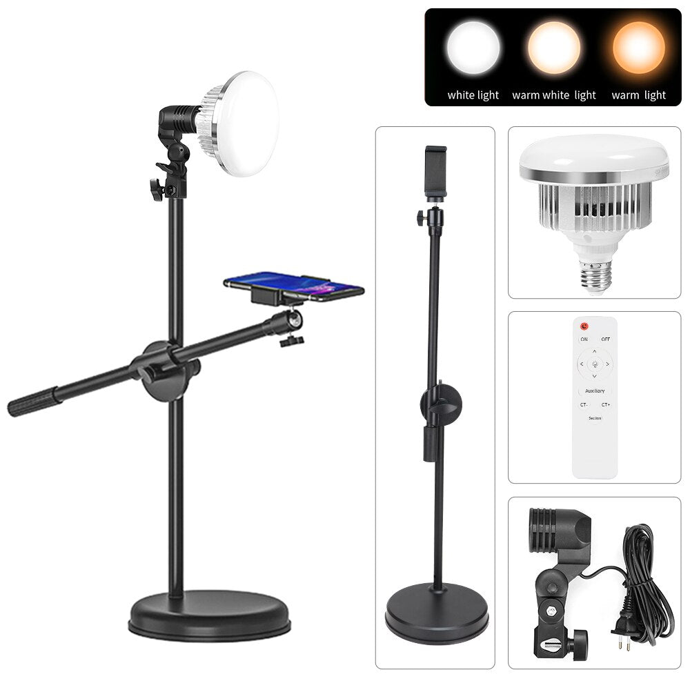 Dimmable E27 155W LED Lamp Bulb With Long Arm Holder Tripod Stand EU Photography Lighting For Live Stream Photo Studio Fill Lamp
