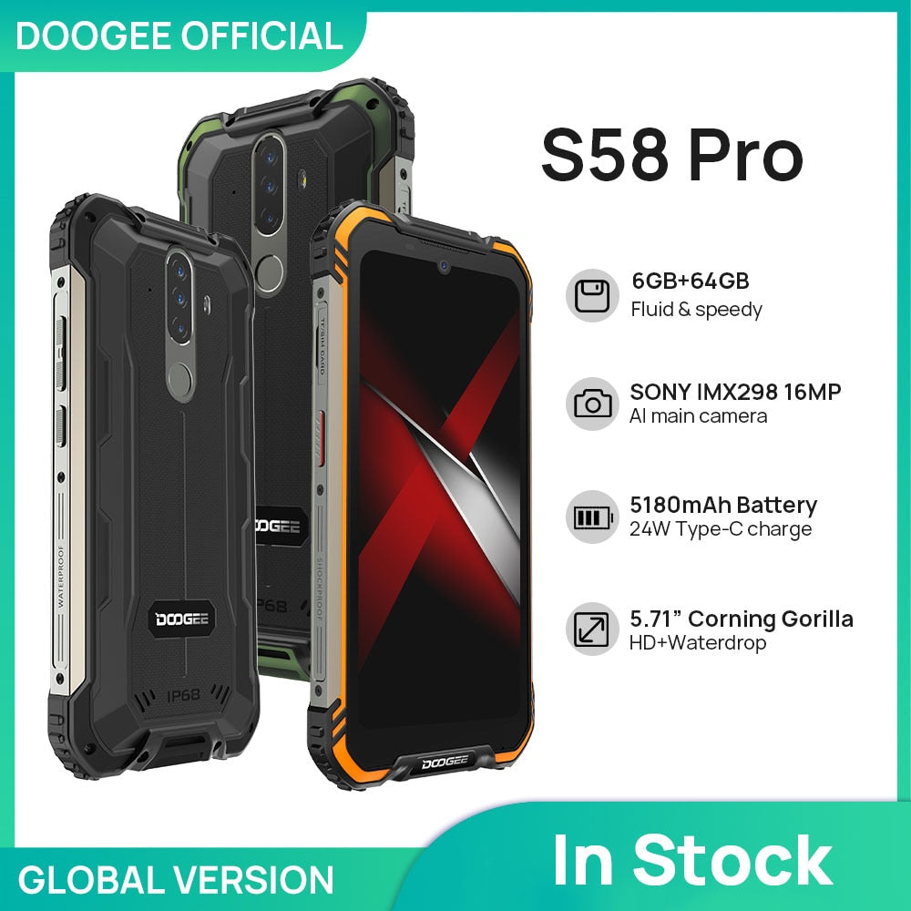 New DOOGEE S58 Pro Mobile Phone IP68/IP69K Waterproof Rugged Phone 5180mAh 5.71&quot;FHD+Display 6GB+64GB Android 10 NFC Smartphone