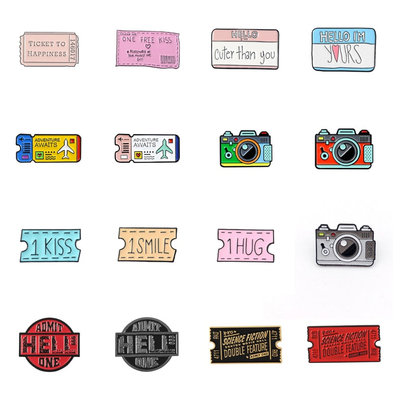Cartoon Creative Tickets Movie Tickets Camera Love Sticky Notes Enamel Brooch Red Black Pink Alloy Badge Shirt Bag Pin Jewelry
